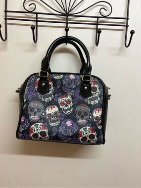 Sugar Skull Print Satchel Handbag in Black and Purple